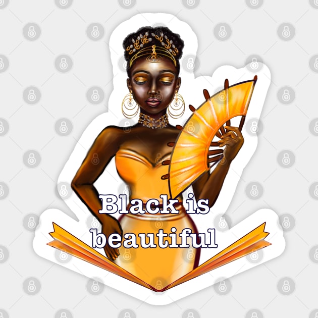 Queen Black is beautiful text - black girl with Gold earrings, necklace,  tiara, dress and fan with dark brown skin ! Sticker by Artonmytee